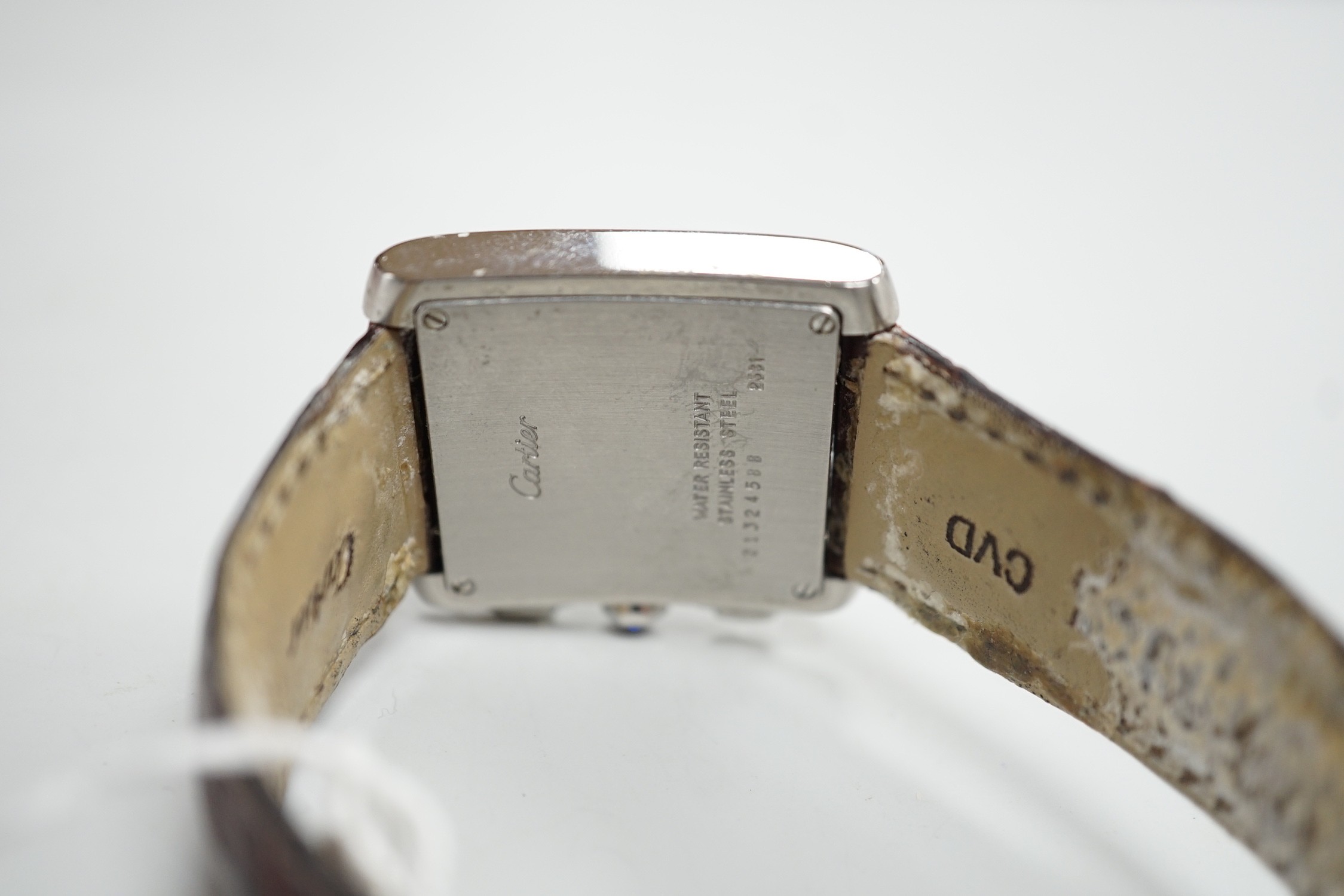 A gentleman's 2006 stainless steel Cartier Tank Francaise quartz wrist watch, with Roman numerals and two subsidiary dials, case diameter 30mm, with original Cartier box and booklets.